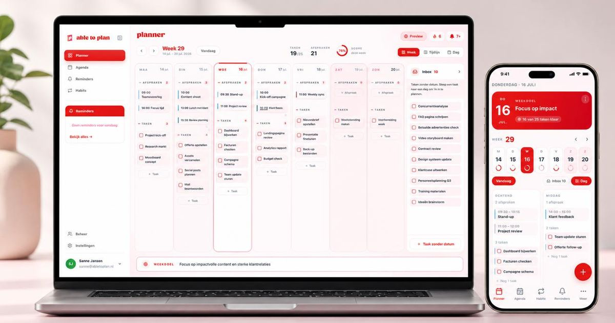 Able to Plan weekplanning op laptop naast dagplanning op mobiel
