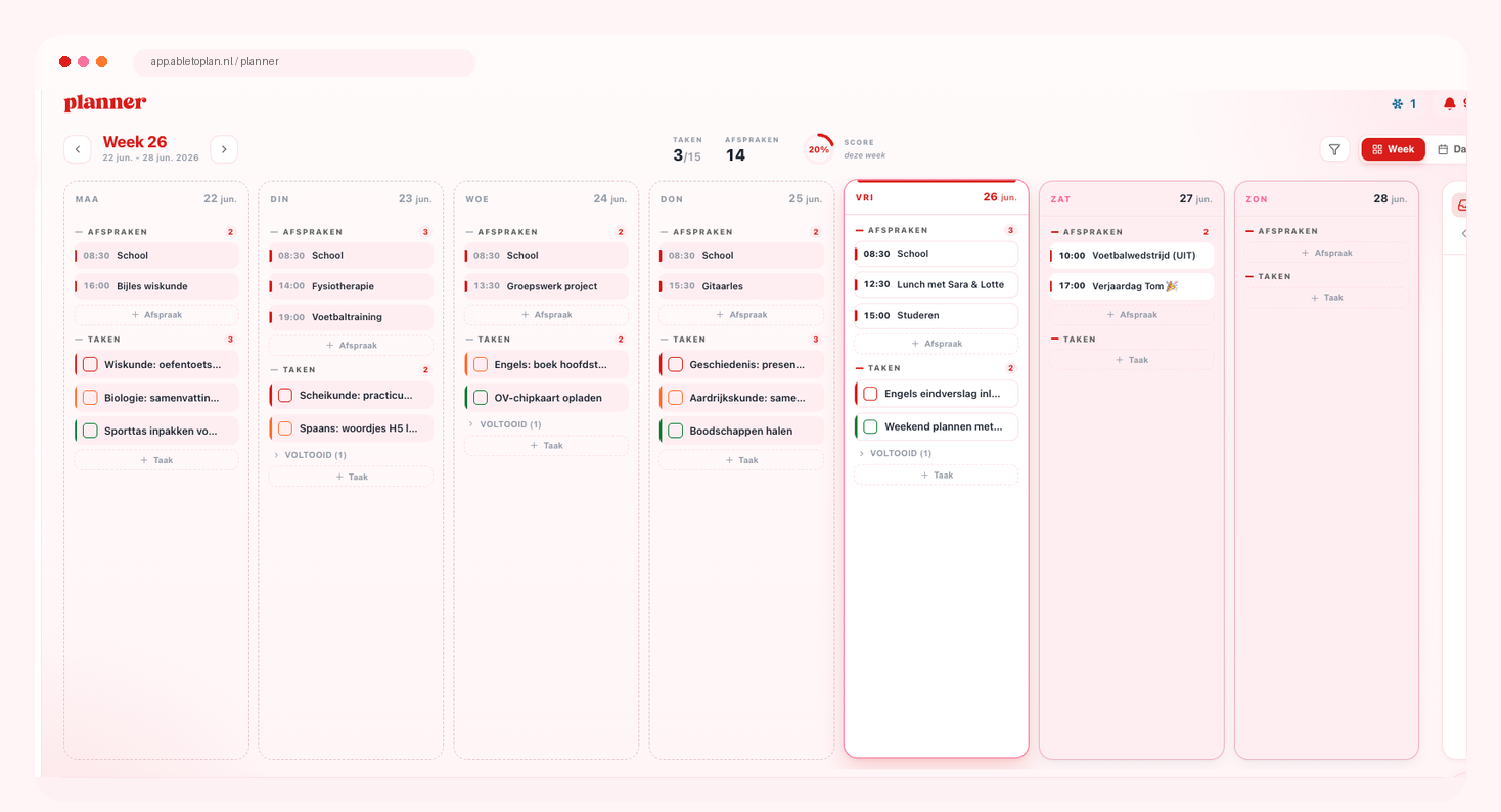 Able to Plan web app met weekoverzicht, taken en afspraken naast elkaar